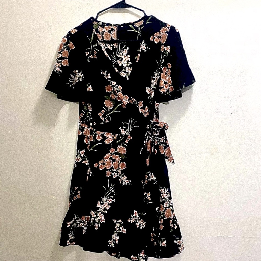 Black wrap dress with lovely pink and white floral pattern